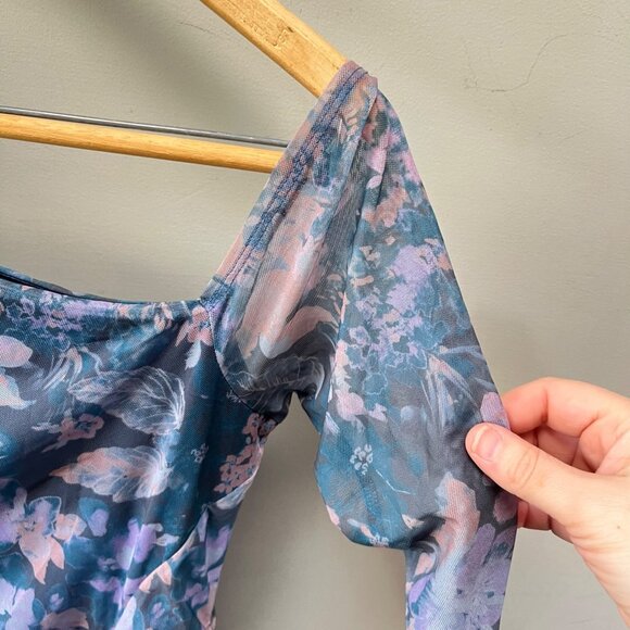 NEW Free People Midnight Combo Floral Mesh Ruched Bodycon Dress Long Sleeve Size - Picture 4 of 8